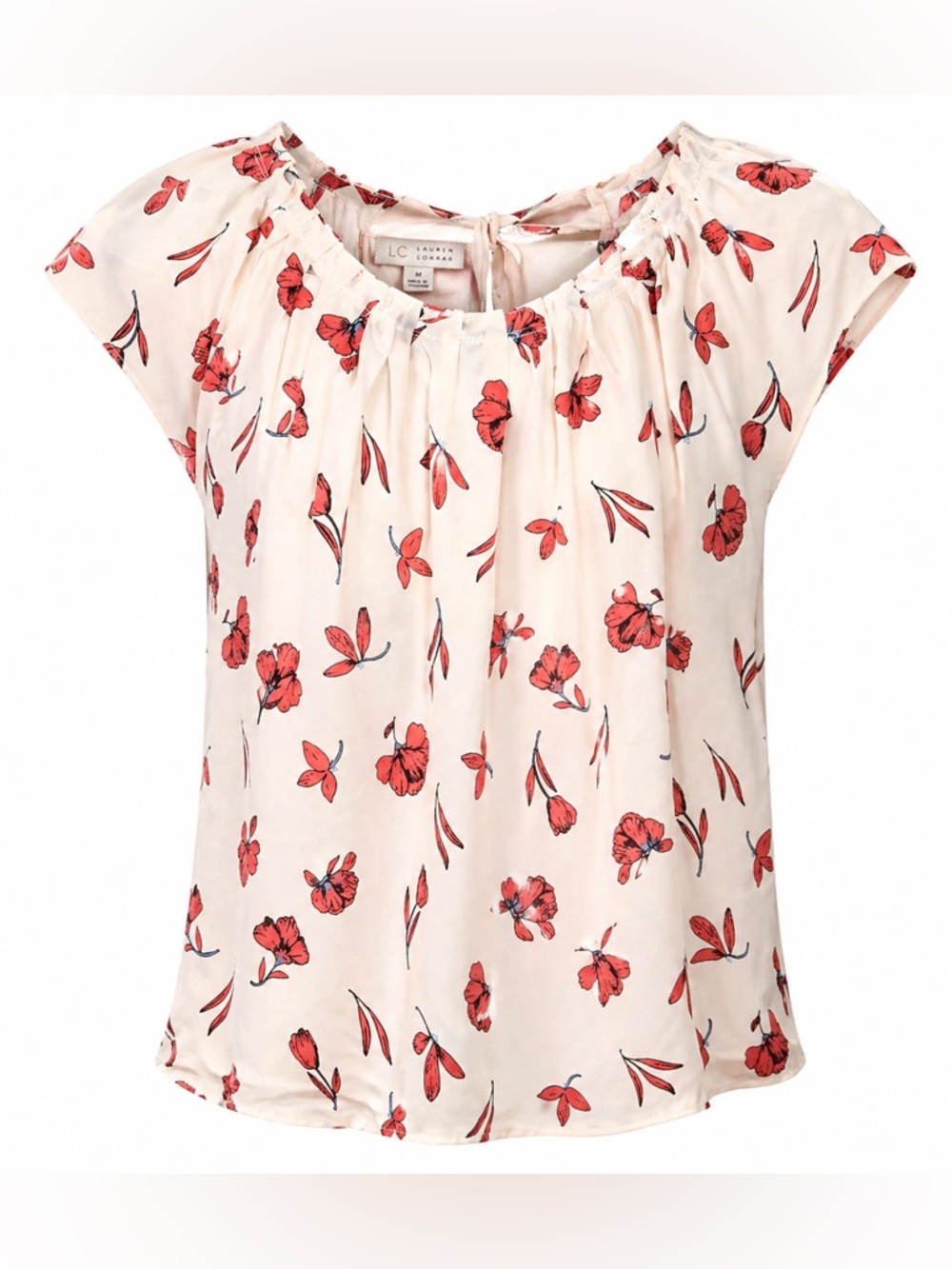 Lauren Conrad LC Floral Blouse Medium Cream Red Flower Print Flowy Boho Top